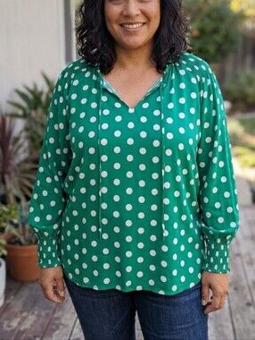 Talbots Green And White Polka Dot Top Blouse Drapey Lightweight Whimsical 3X